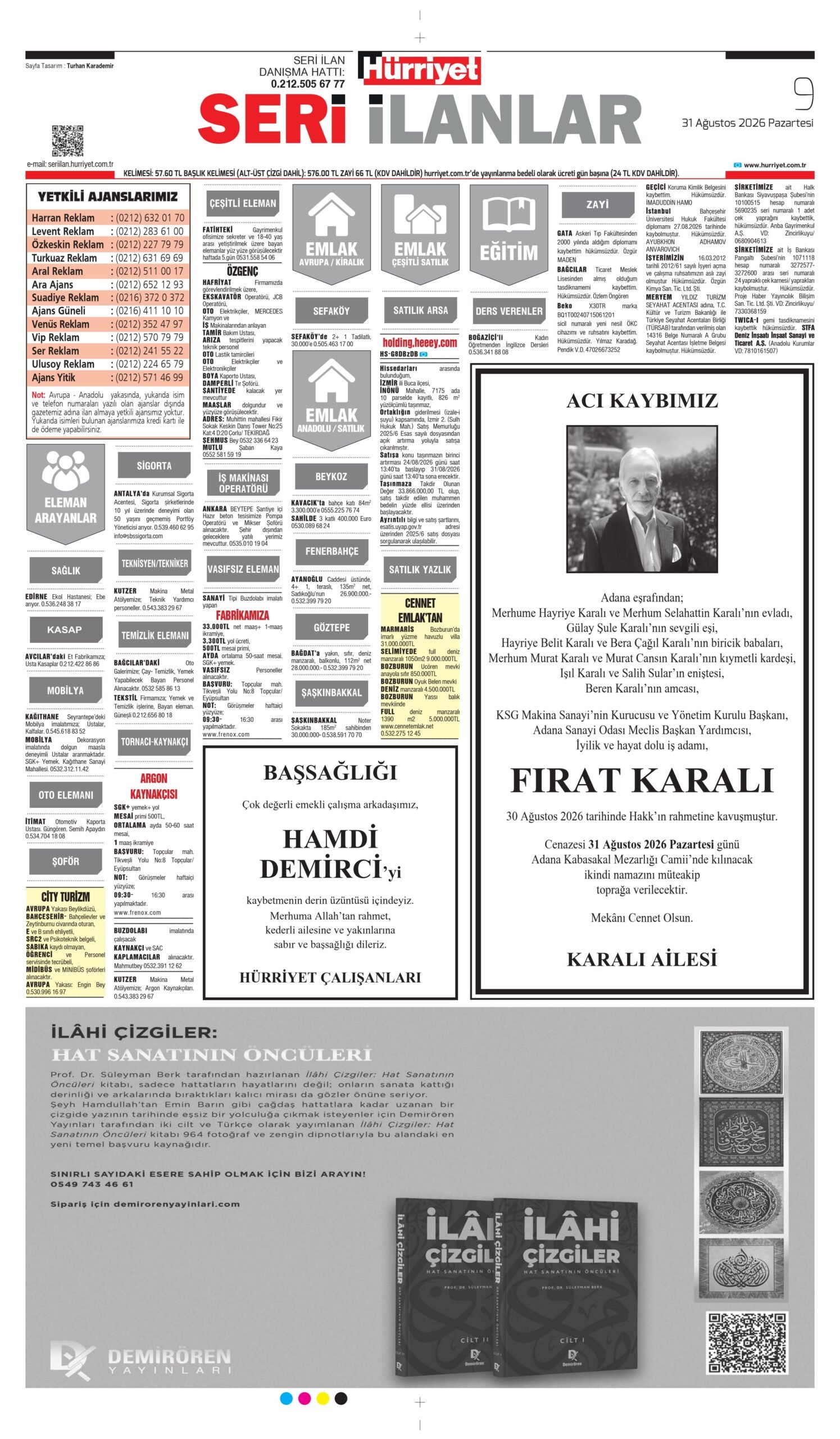 31 Ağustos 2026 Hürriyet Gazetesi Vefat ve Başsağlığı İlanları.