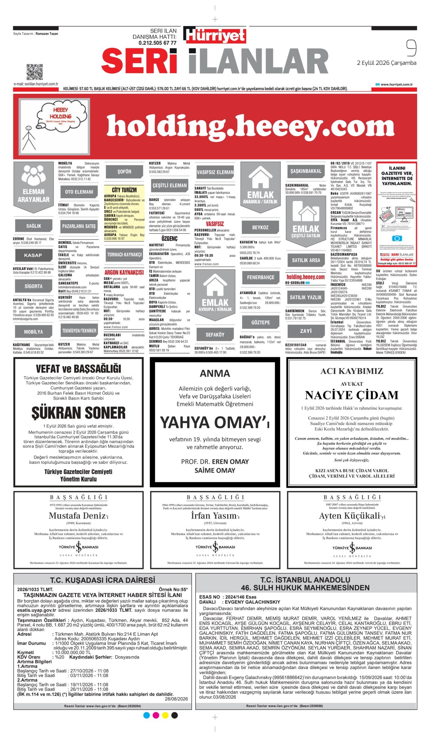 2 Eylül 2026-Hürriyet Gazetesi Vefat ve Başsağlığı İlanları.